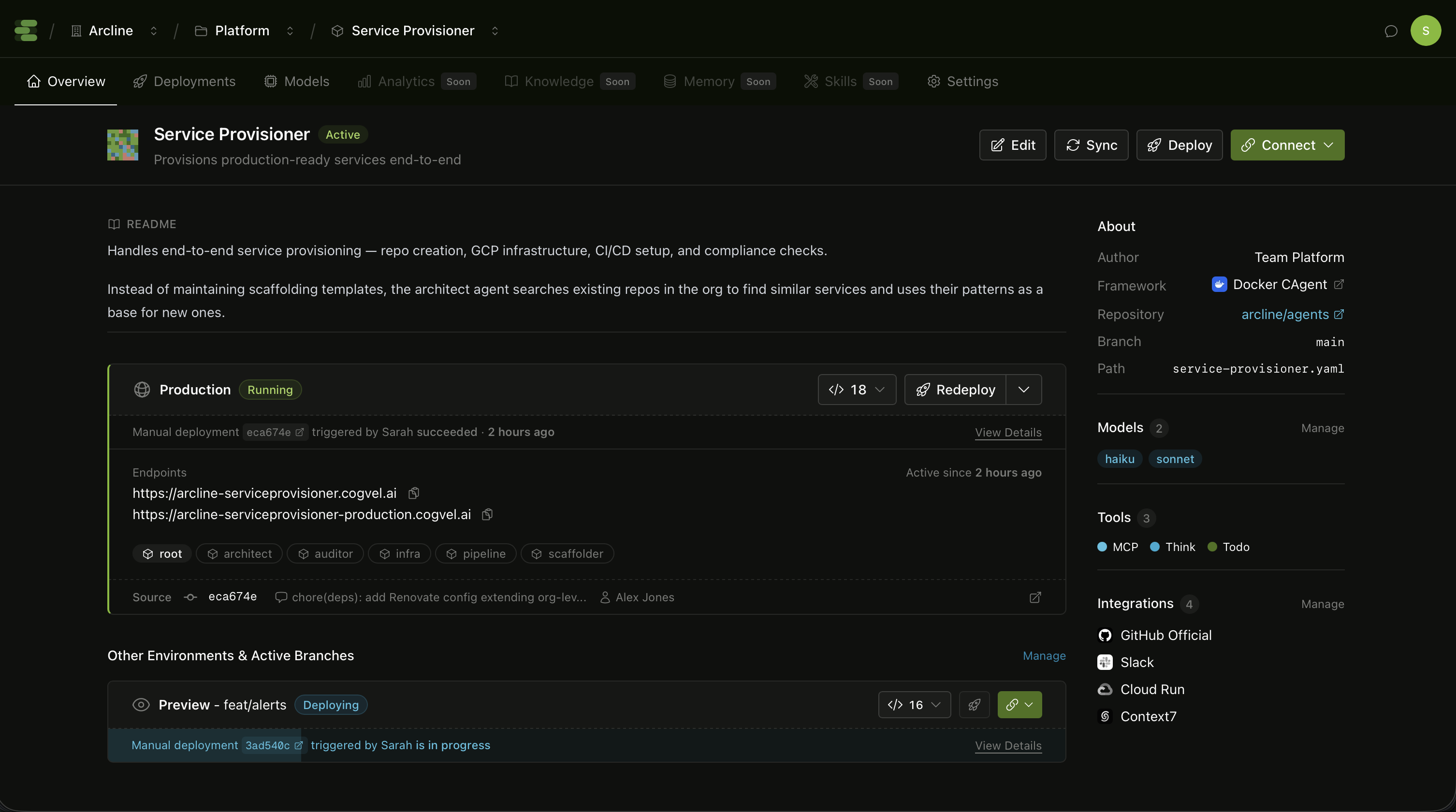 Cogvel platform — Service Provisioner agent overview showing production deployment, integrations, and sub-agents